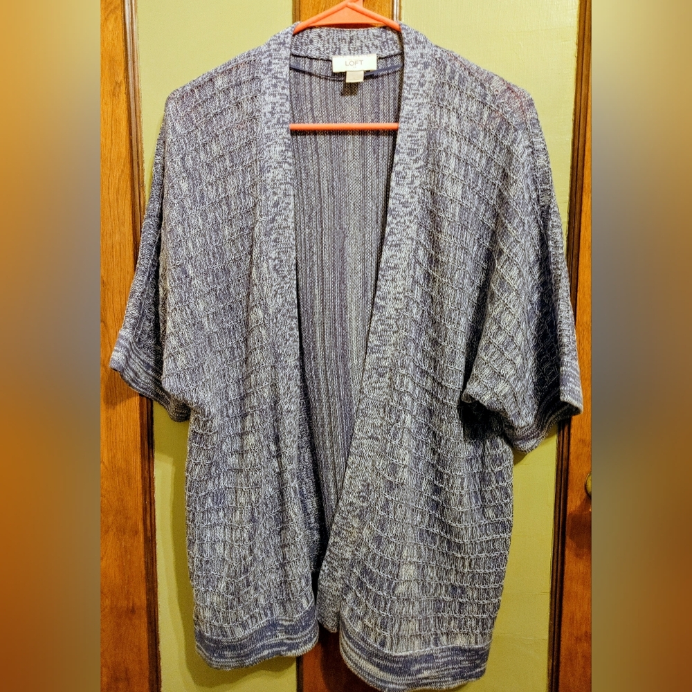 LOFT Knit Kimono Open‑Front Cardigan – Size L – Textured Blue/White
